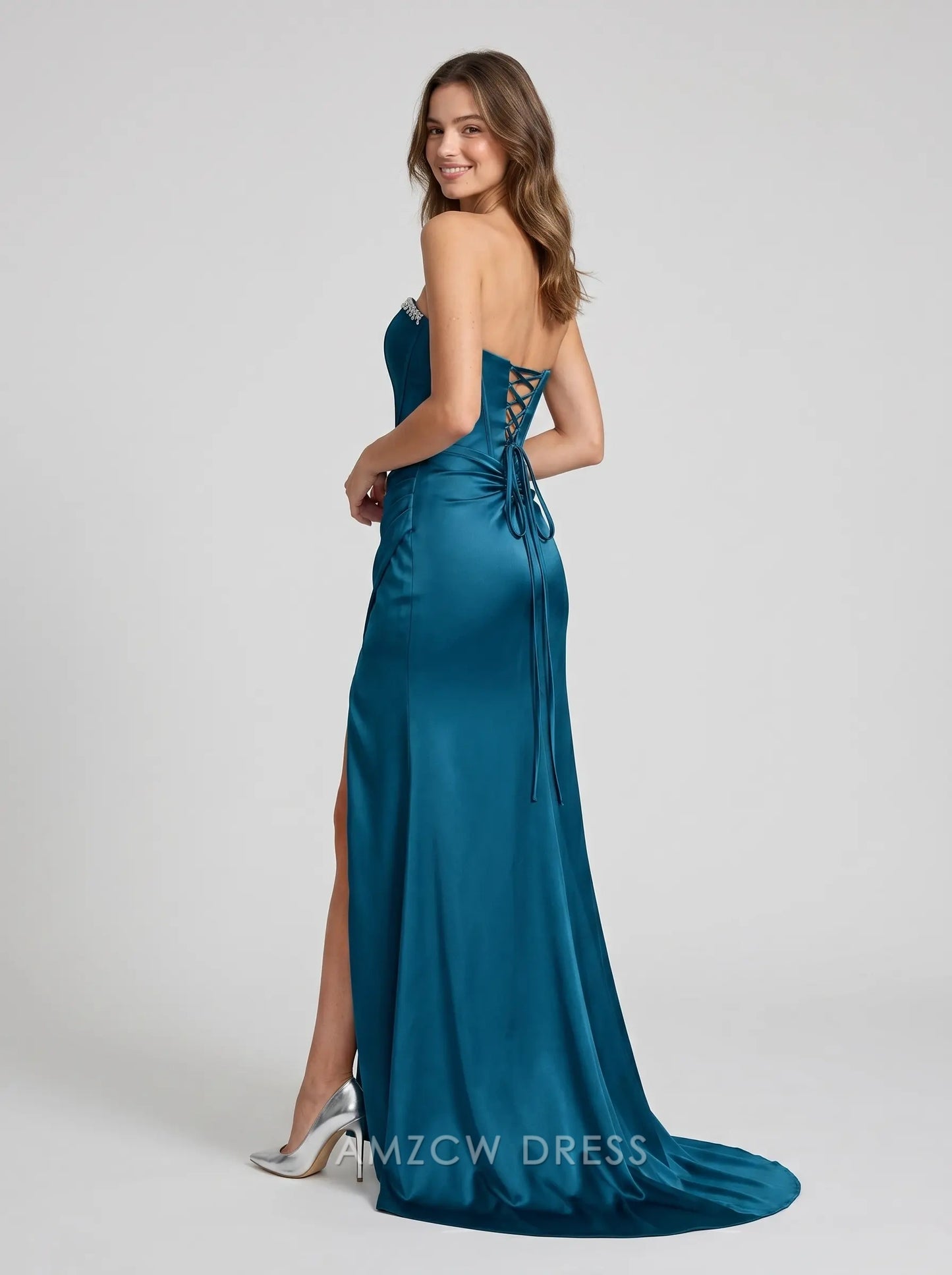 Teal Strapless Sweetheart Beaded Neckline Corset Lace-Up Back Satin Mermaid Formal Evening Prom Dress With Slit