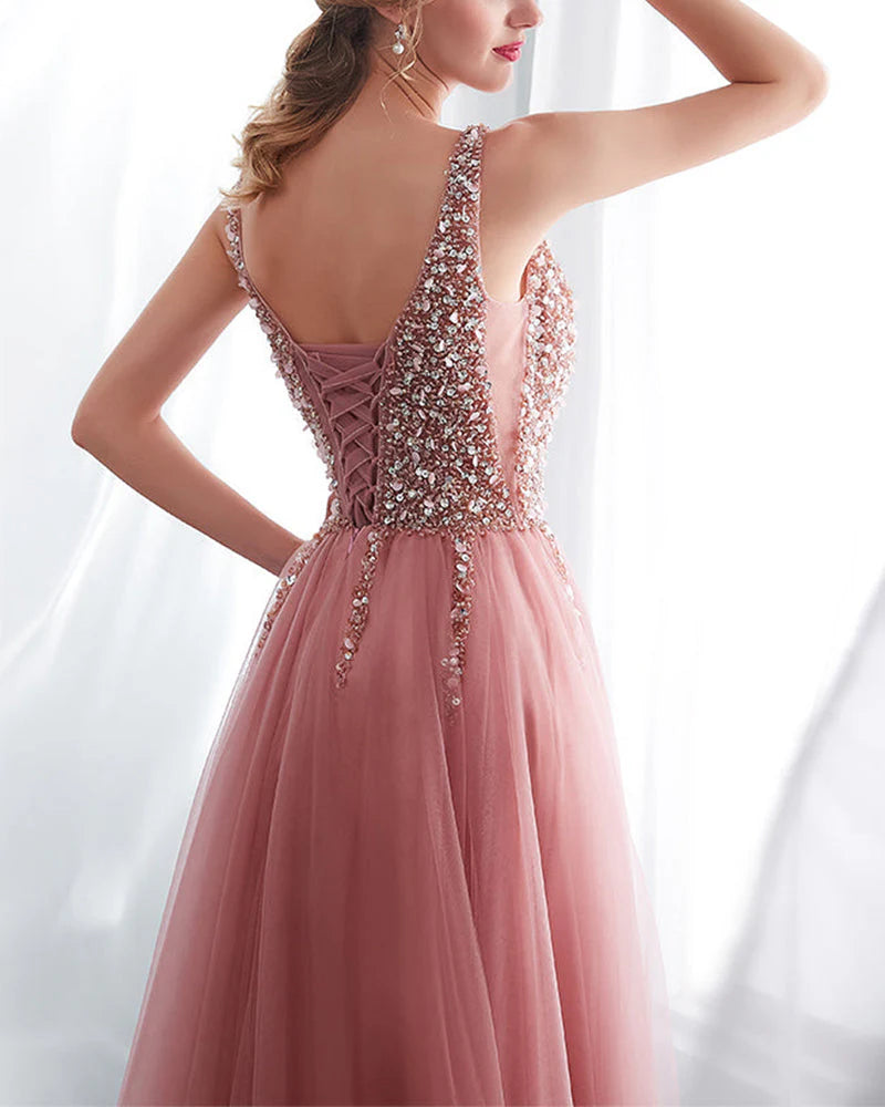 Vestidos de fiesta de corte A, rosa empolvado, largos, con lentejuelas, corpiño brillante, escote en V, vestido formal