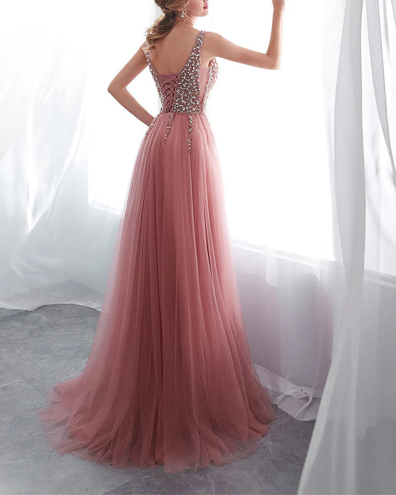 Vestidos de fiesta de corte A, rosa empolvado, largos, con lentejuelas, corpiño brillante, escote en V, vestido formal