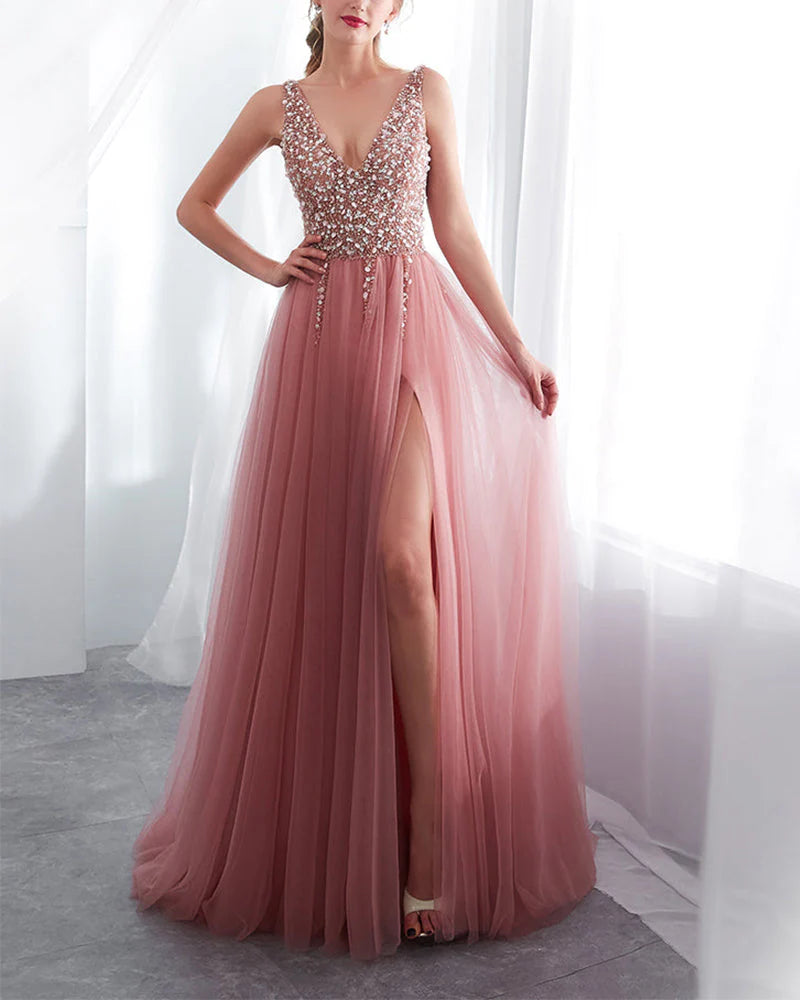 Vestidos de fiesta de corte A, rosa empolvado, largos, con lentejuelas, corpiño brillante, escote en V, vestido formal