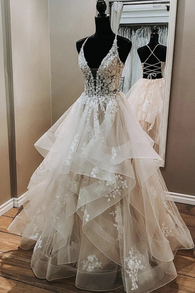Vestidos de fiesta de tul con tirantes, corte A, largo hasta el suelo con apliques