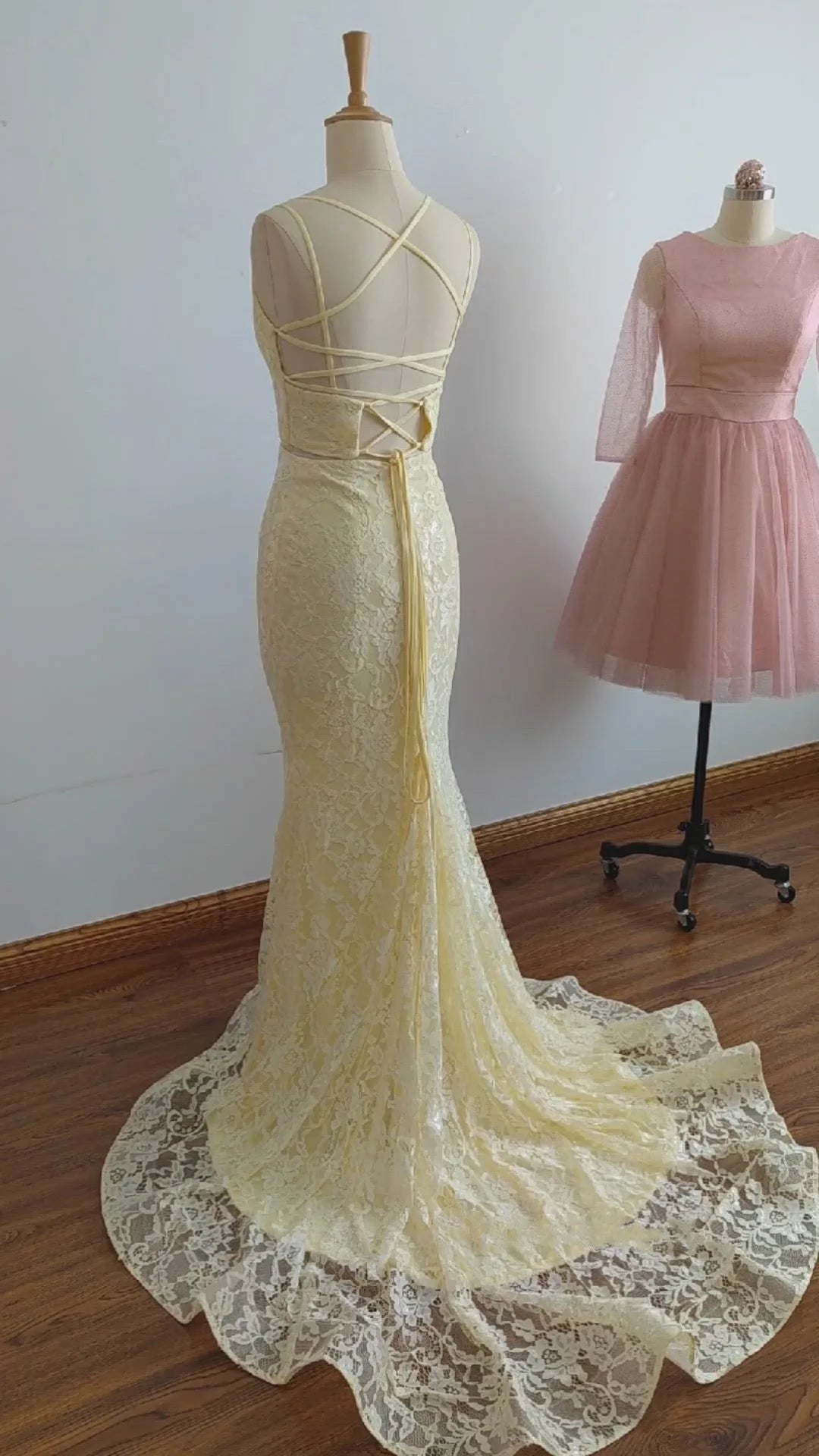 Vestidos de fiesta largos, sexys, sin mangas, de sirena, de encaje, de dos piezas, color amarillo melocotón claro