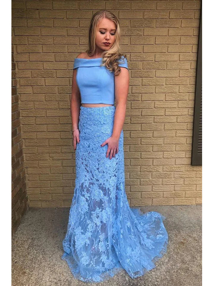 Vestidos de fiesta de tul con hombros descubiertos, apliques de encaje de sirena de dos piezas y cuentas