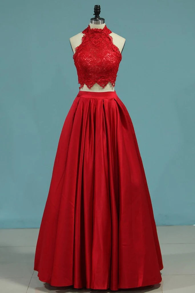Two Pieces Prom Dresses Satin With Applique Floor Length Lace Bodice