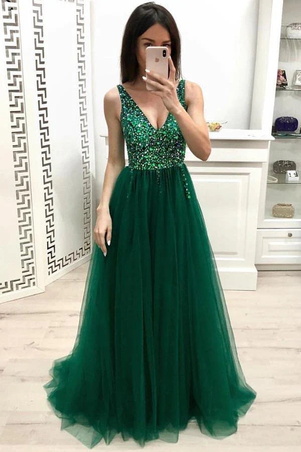 Vestidos de fiesta únicos de corte A con escote en V y cuentas, vestidos de noche largos de tul verde