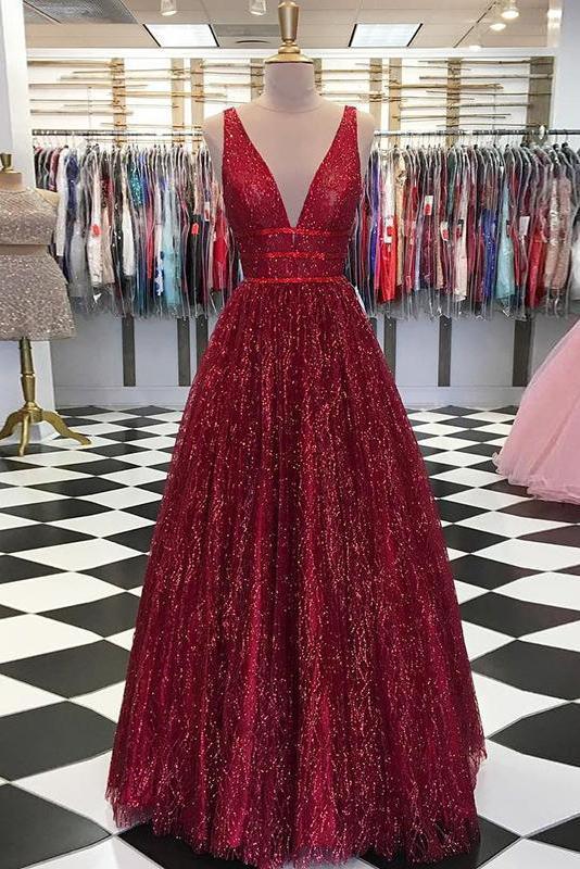 Vestido de fiesta de tul con lentejuelas y escote en V, corte A y espalda descubierta