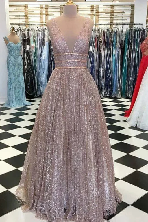 Vestido de fiesta de tul con lentejuelas y escote en V, corte A y espalda descubierta