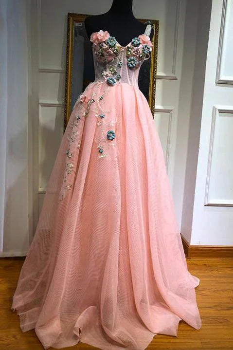 Vestidos de fiesta únicos de un solo hombro en color rosa con apliques y escote corazón, vestidos de noche largos