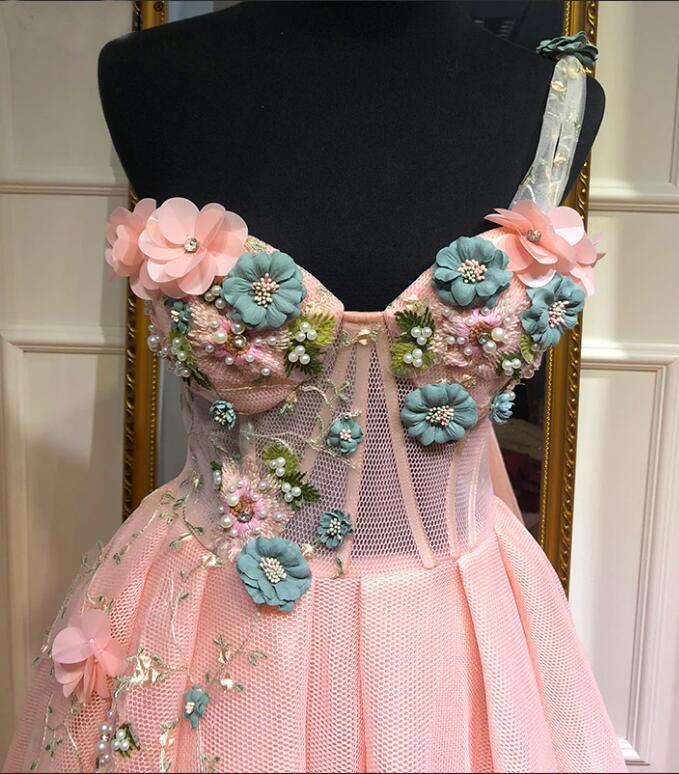 Vestidos de fiesta únicos de un solo hombro en color rosa con apliques y escote corazón, vestidos de noche largos