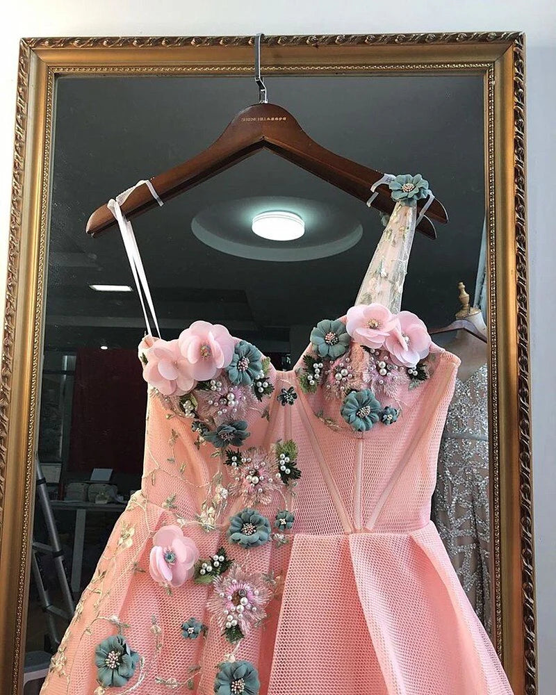 Vestidos de fiesta únicos de un solo hombro en color rosa con apliques y escote corazón, vestidos de noche largos