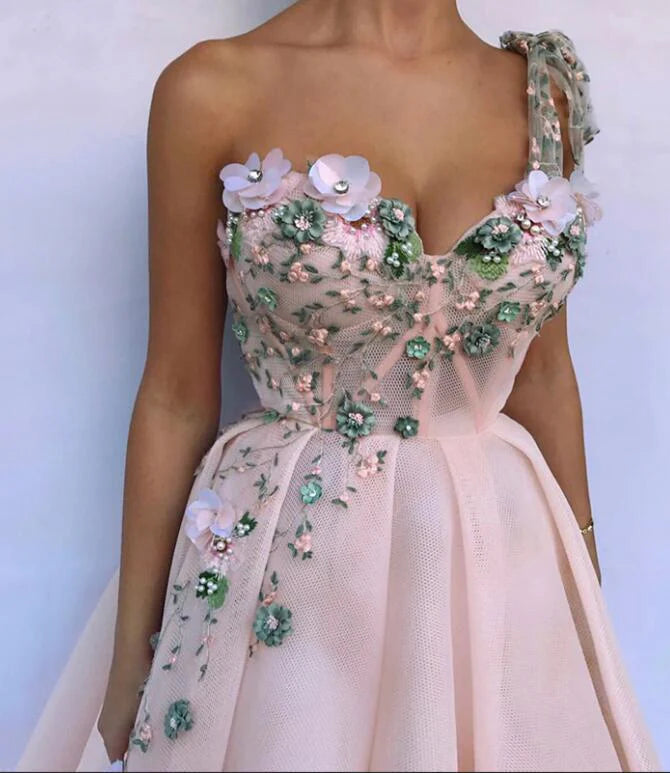 Vestidos de fiesta únicos de un solo hombro en color rosa con apliques y escote corazón, vestidos de noche largos