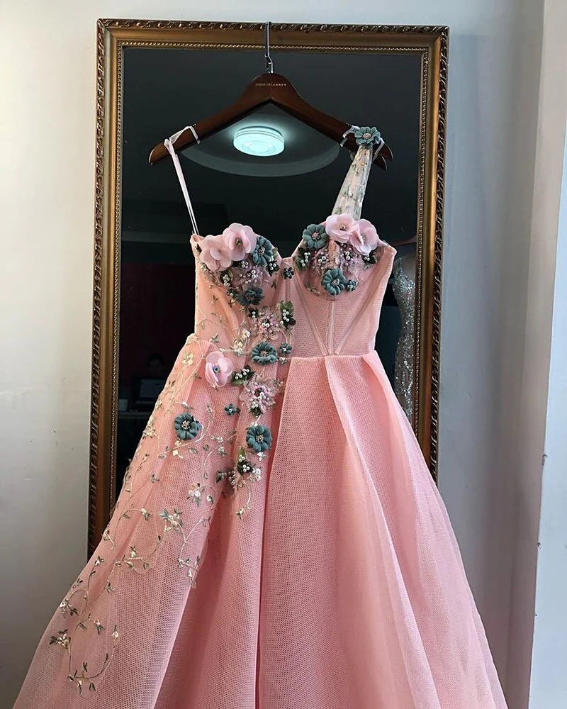 Vestidos de fiesta únicos de un solo hombro en color rosa con apliques y escote corazón, vestidos de noche largos