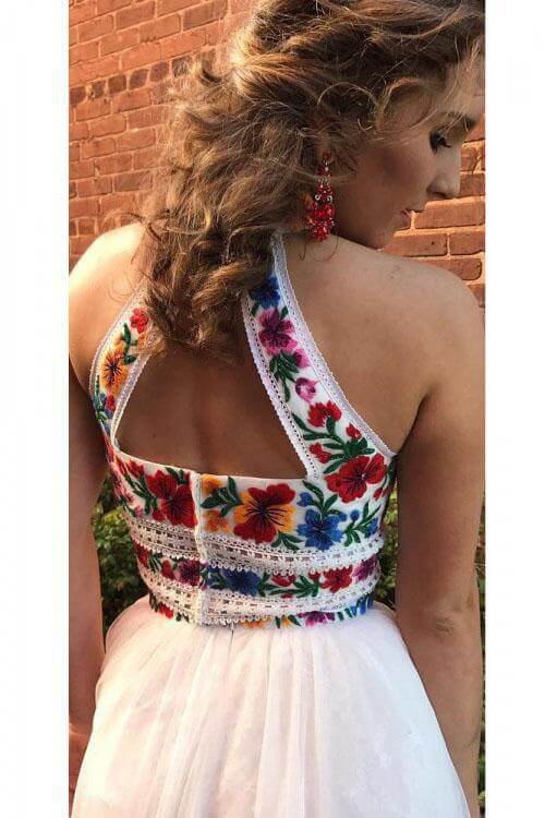 Unique Two Pieces Embroidery High Neck Open Back Tulle Prom Dresses Evening Dresses