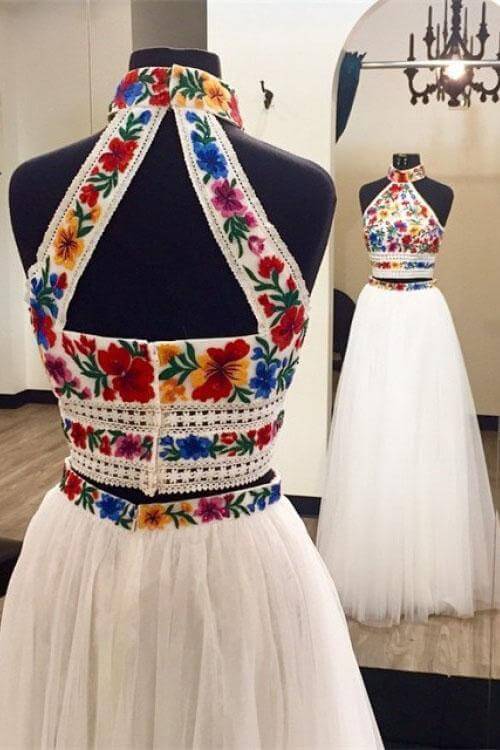 Unique Two Pieces Embroidery High Neck Open Back Tulle Prom Dresses Evening Dresses