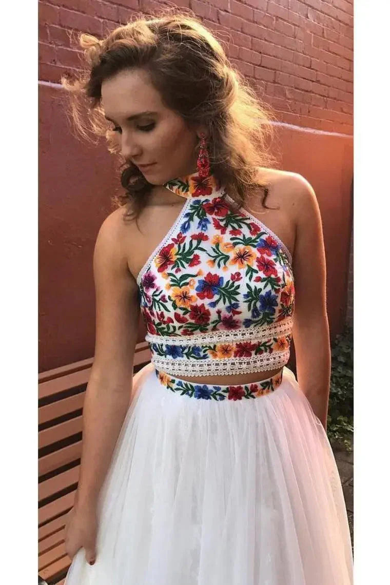 Unique Two Pieces Embroidery High Neck Open Back Tulle Prom Dresses Evening Dresses