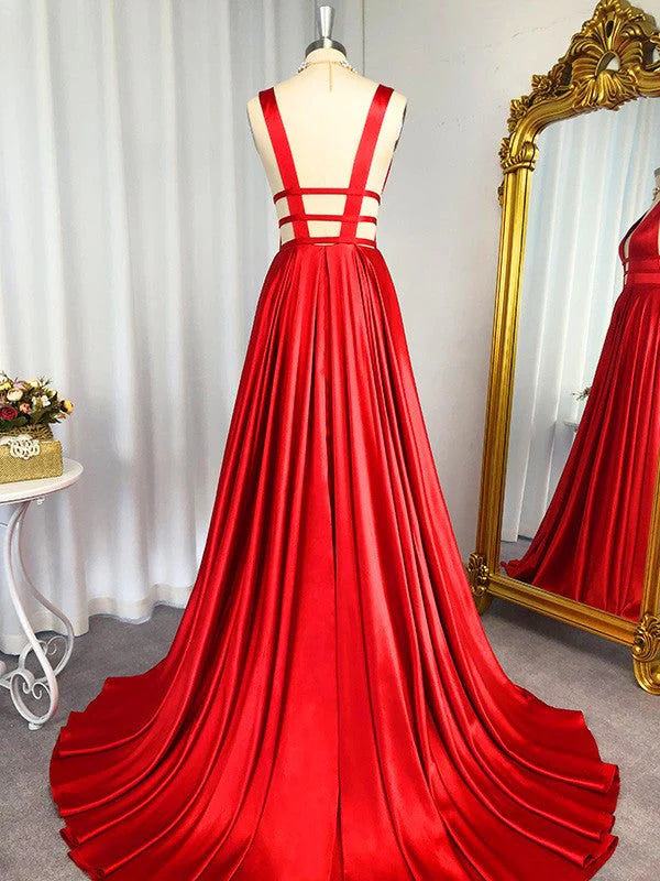 Vestidos de fiesta de satén con escote en V y corte A, con cremallera y cola larga