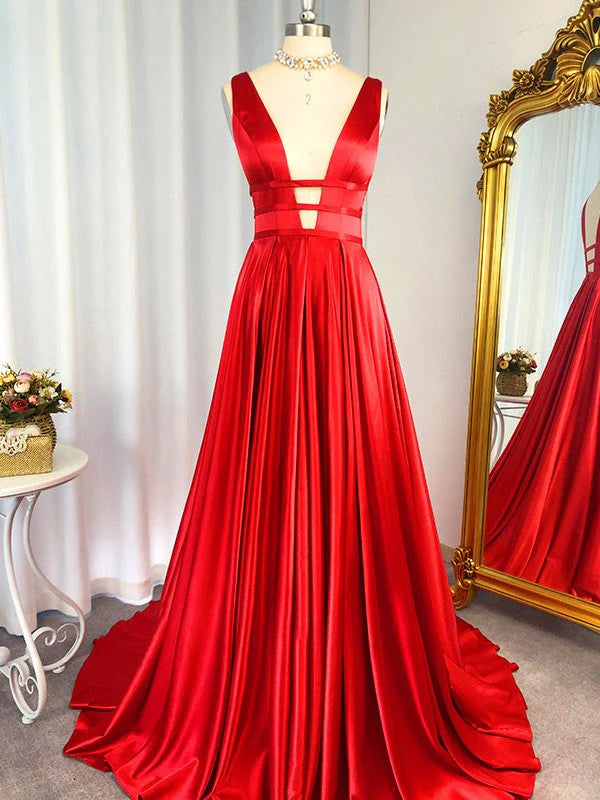 Vestidos de fiesta de satén con escote en V y corte A, con cremallera y cola larga