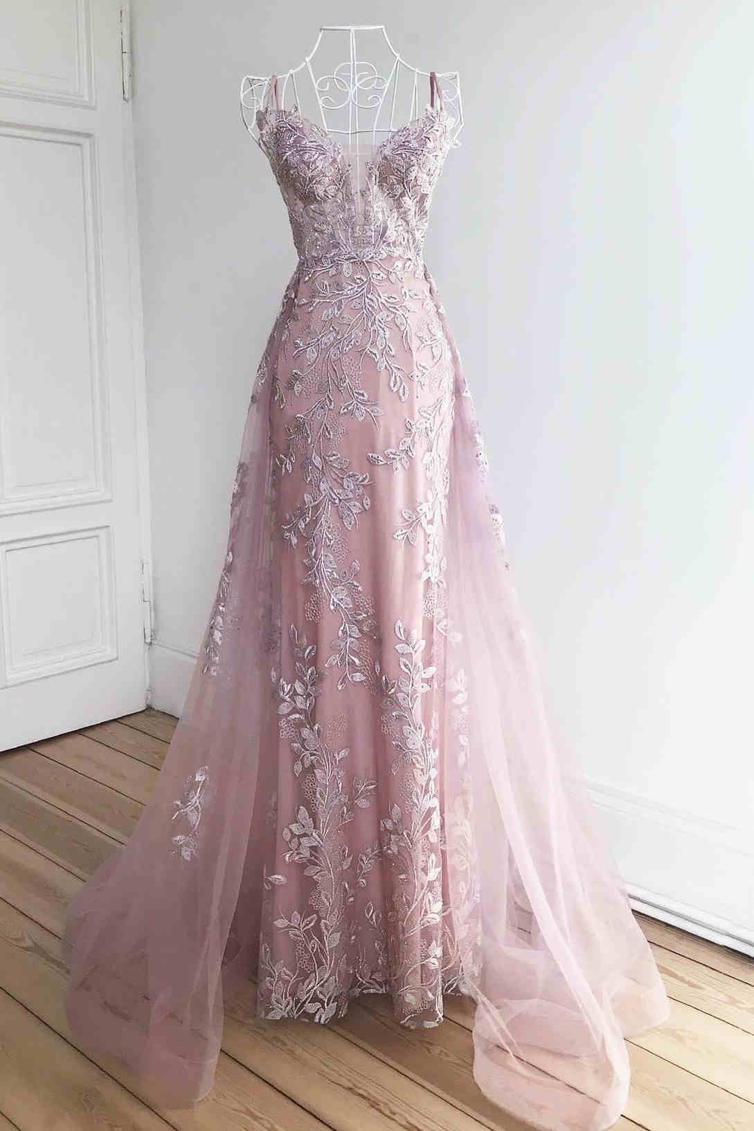 Vestidos de fiesta con escote en V, sirena, encaje y tul, cola larga con apliques, espalda descubierta