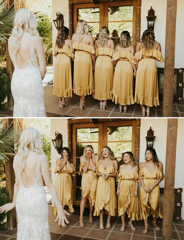 Vestidos de dama de honor con escote en V y tirantes finos, corte alto y bajo, para fiesta de boda