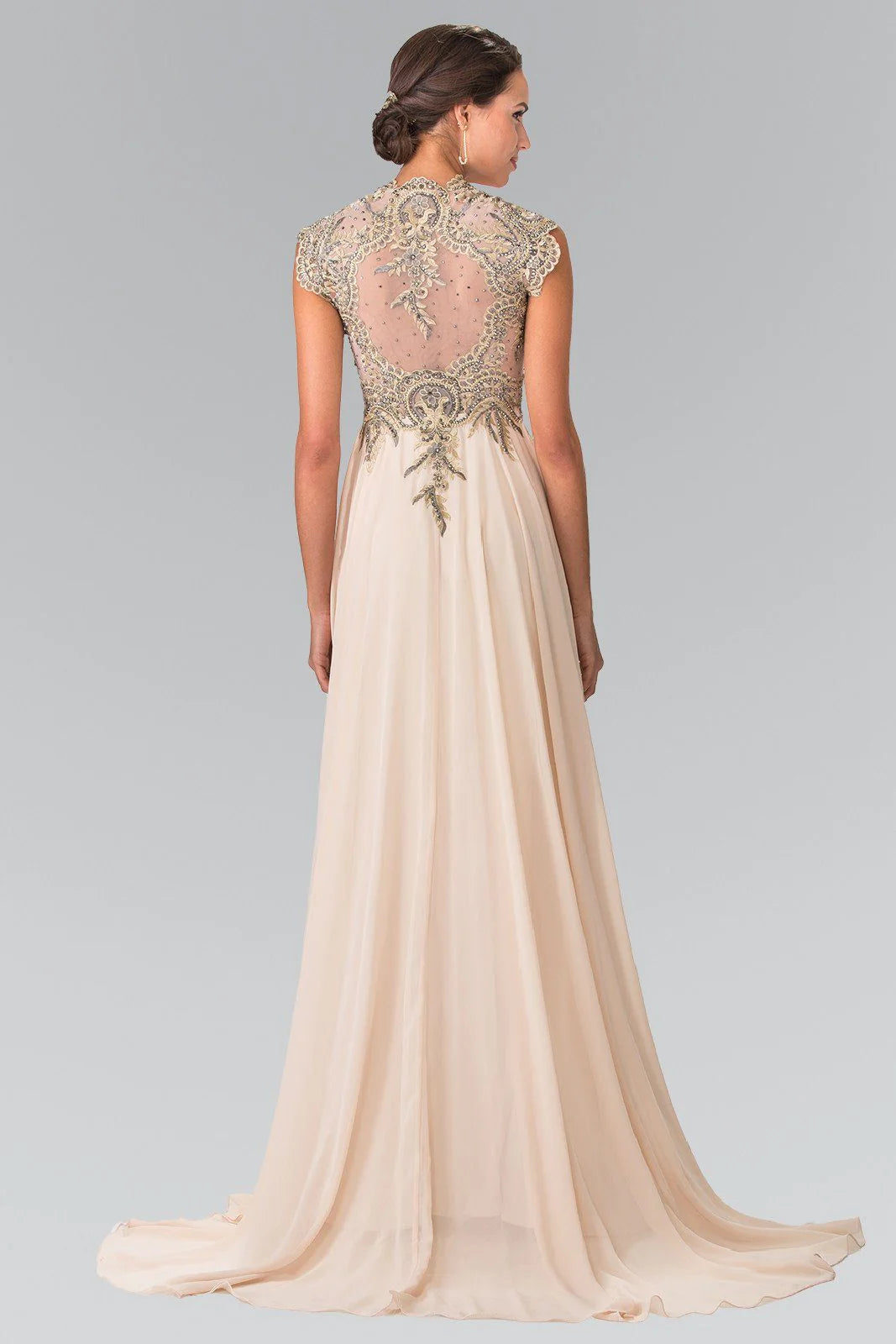V Neck Burgundy Chiffon Evening Dresses with Gold Beaded Bodice and Floor-Length Train