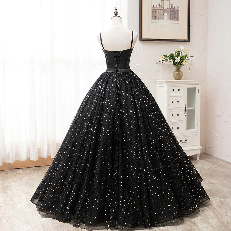 Vestidos de fiesta negros de princesa vintage para adolescentes, bonitos vestidos de quinceañera con tirantes finos.