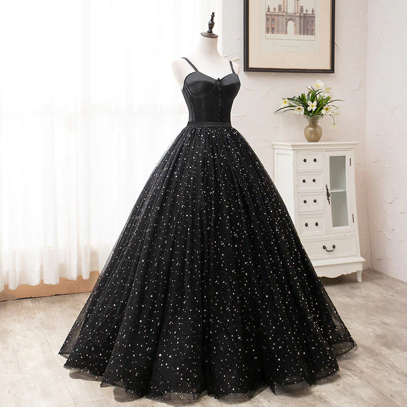 Vestidos de fiesta negros de princesa vintage para adolescentes, bonitos vestidos de quinceañera con tirantes finos.