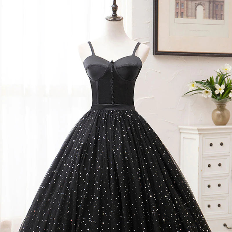 Vestidos de fiesta negros de princesa vintage para adolescentes, bonitos vestidos de quinceañera con tirantes finos.
