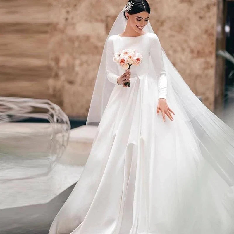 A-line Wedding Dresses Long Sleeves Satin Bridal Gowns