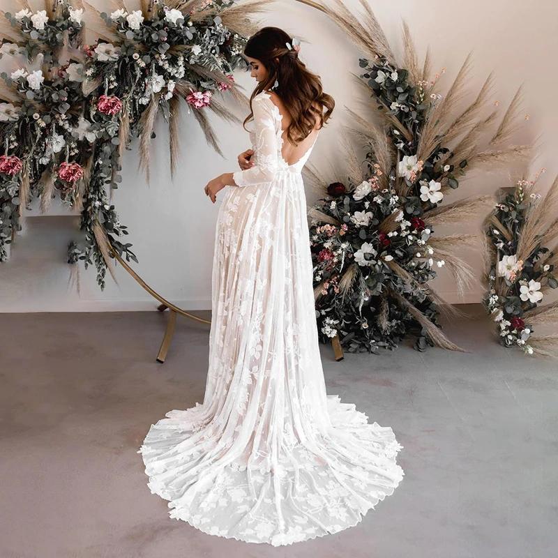 A Line 3/4 Sleeves Wedding Dresses Elegant Backless Boho Bride Dress