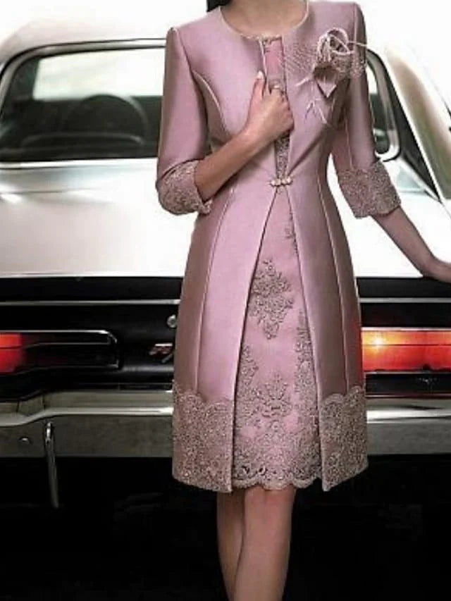 Vintage Sheath Jewel Neck Lace Satin 3/4 Sleeve Knee Length Two Piece Mother Of The Bride Dresses with
