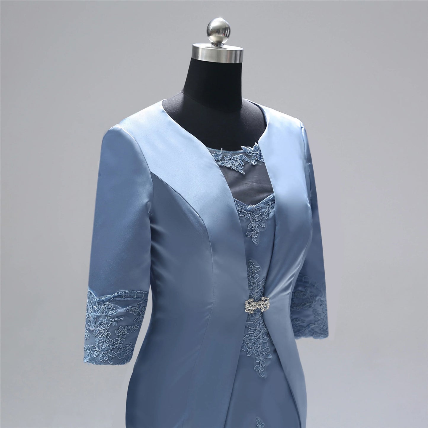Vintage Sheath Jewel Neck Lace Satin 3/4 Sleeve Knee Length Two Piece Mother Of The Bride Dresses with