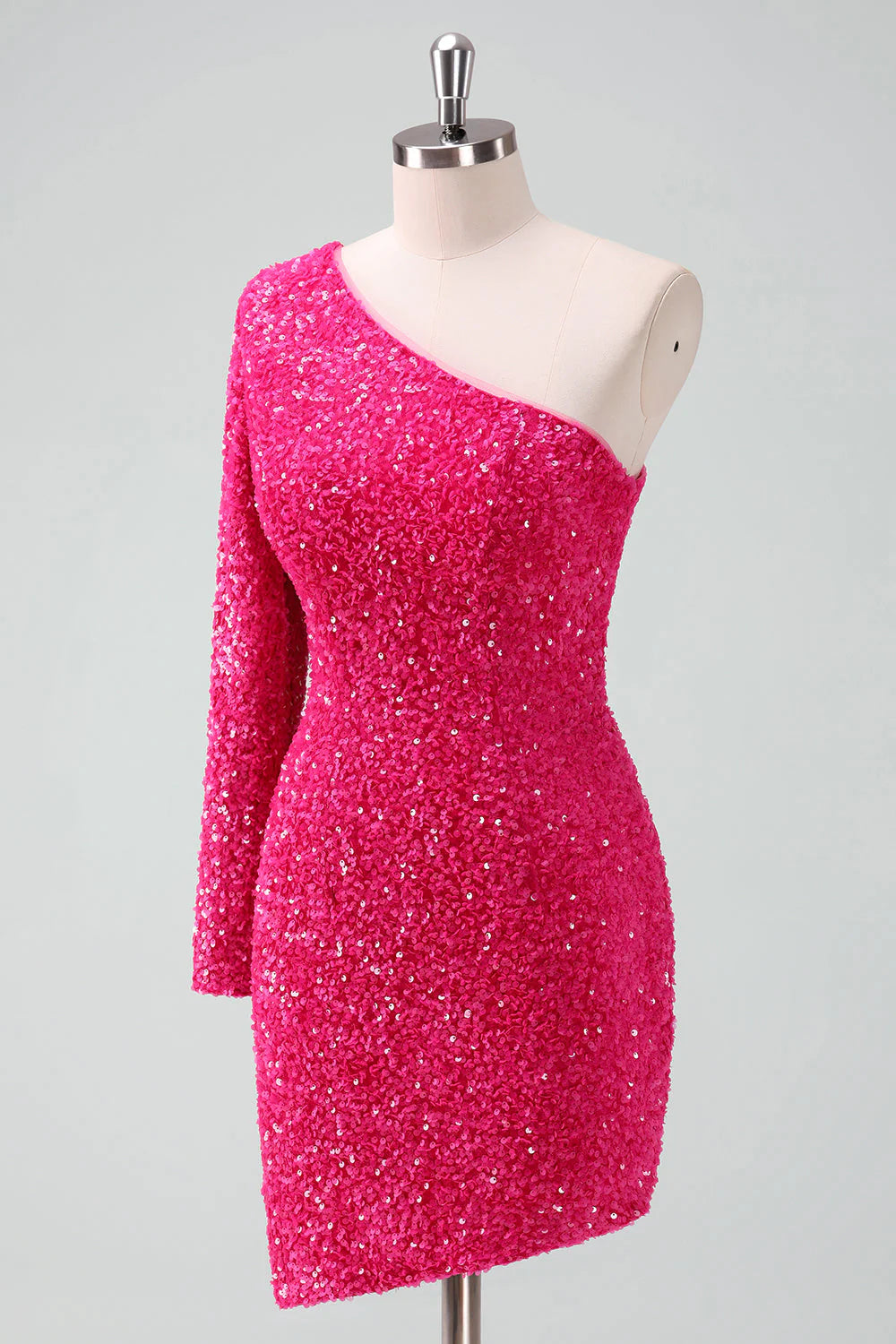 Amzcw Glitter Fuchsia One Shoulder Sequin Tight Homecoming Dress with Fringe