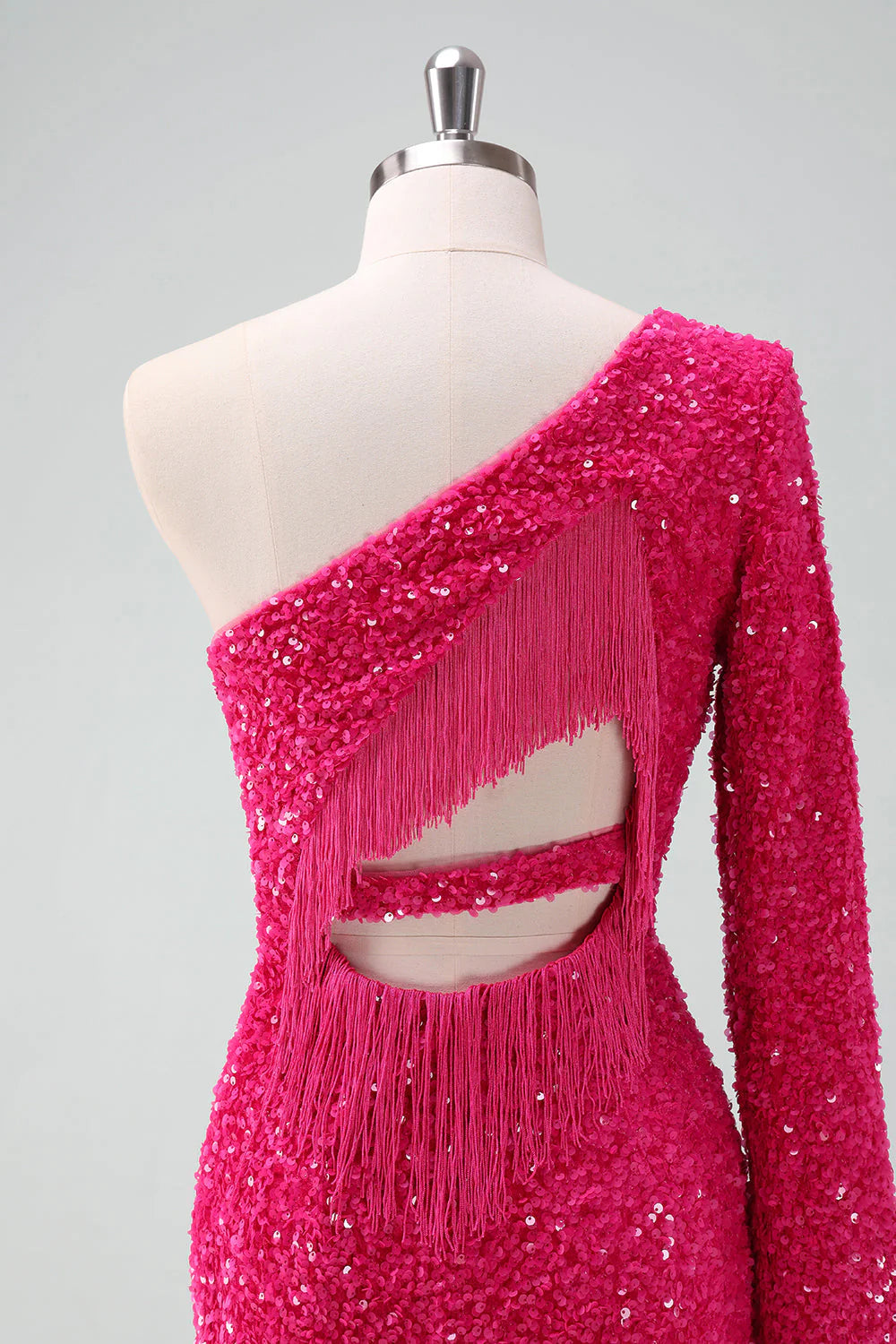 Amzcw Glitter Fuchsia One Shoulder Sequin Tight Homecoming Dress with Fringe