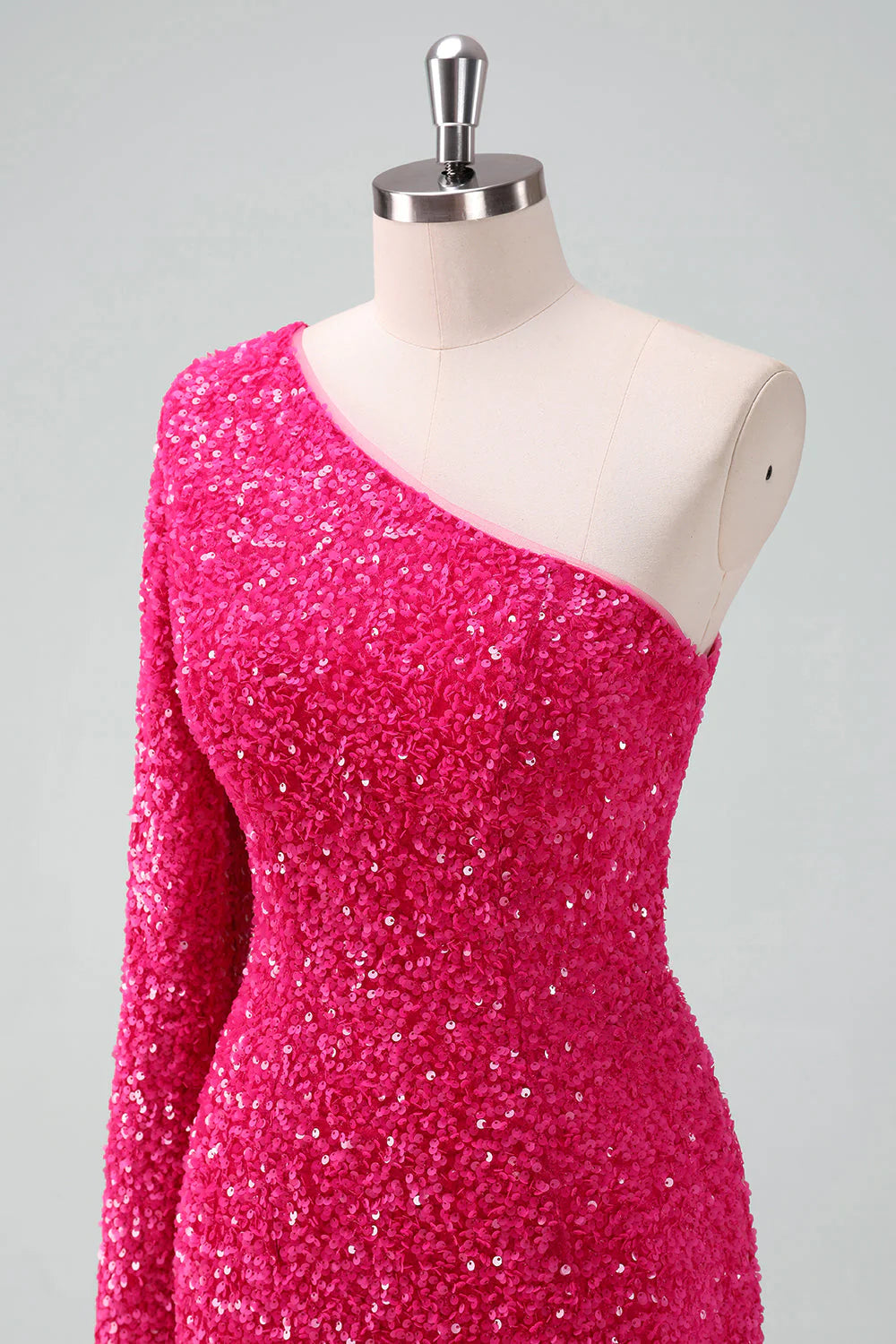 Amzcw Glitter Fuchsia One Shoulder Sequin Tight Homecoming Dress with Fringe