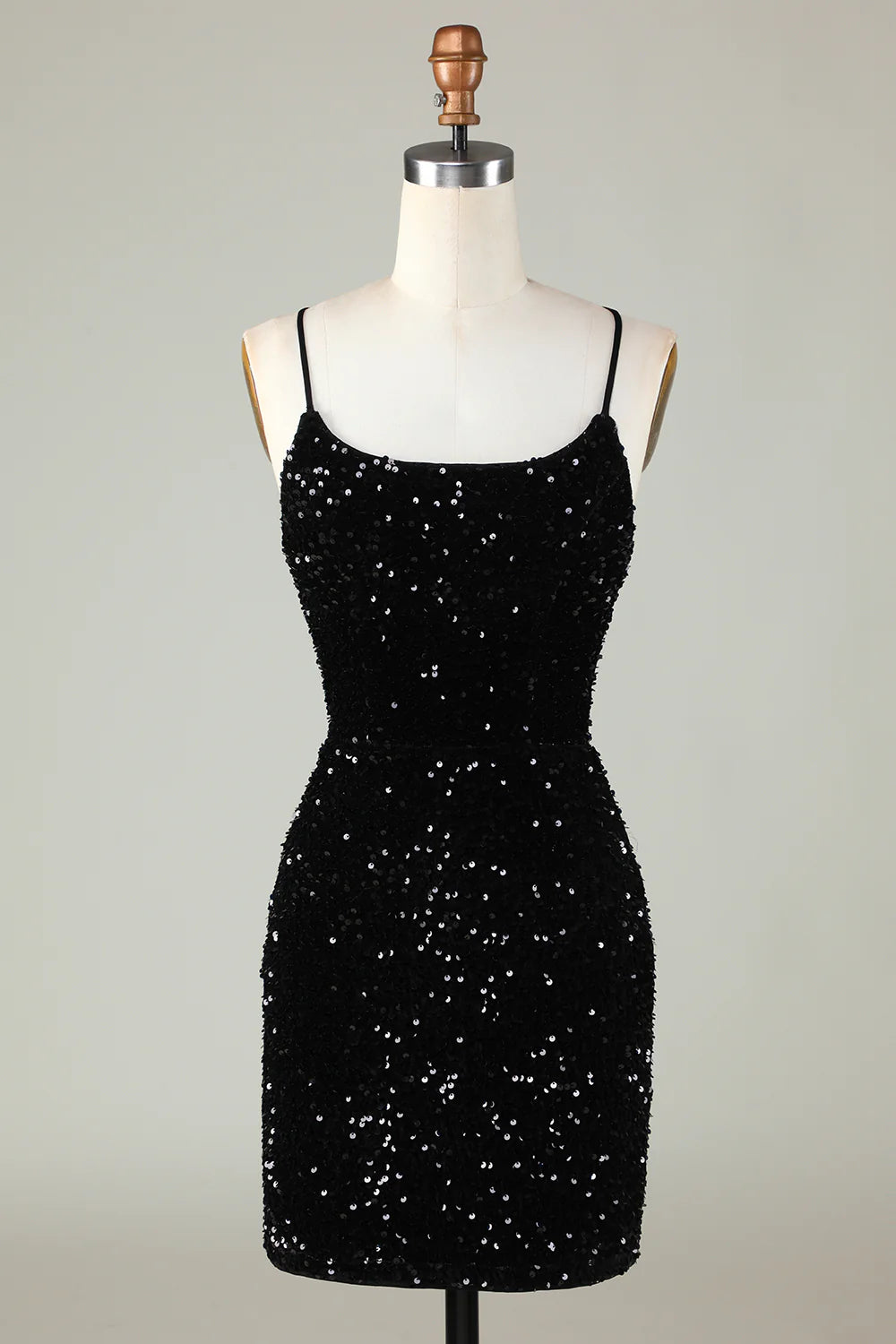Amzcw Sexy Black Sheath Spaghetti Straps Criss Cross Back Homecoming Dress With Sequins