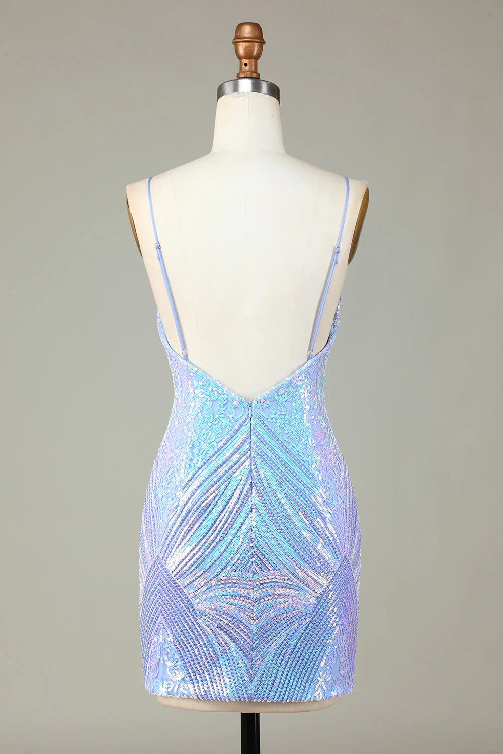 Amzcw Sparkly Blue Sheath Spaghetti Straps Backless Sequins Short Homecoming Dress
