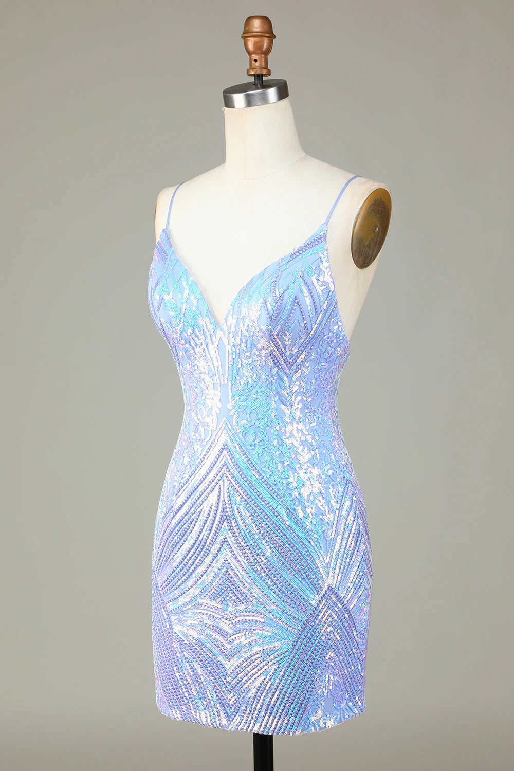 Amzcw Sparkly Blue Sheath Spaghetti Straps Backless Sequins Short Homecoming Dress