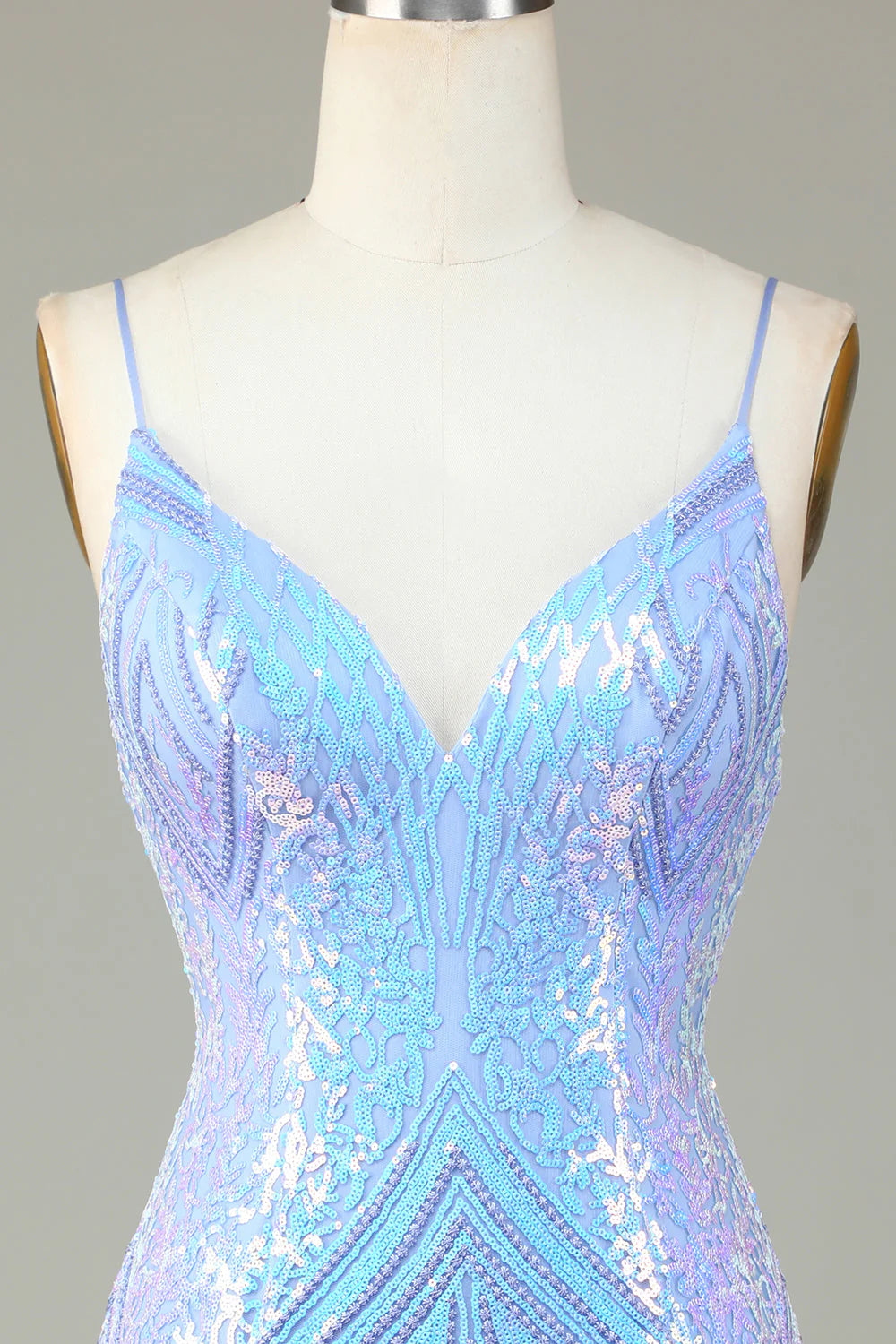 Amzcw Sparkly Blue Sheath Spaghetti Straps Backless Sequins Short Homecoming Dress