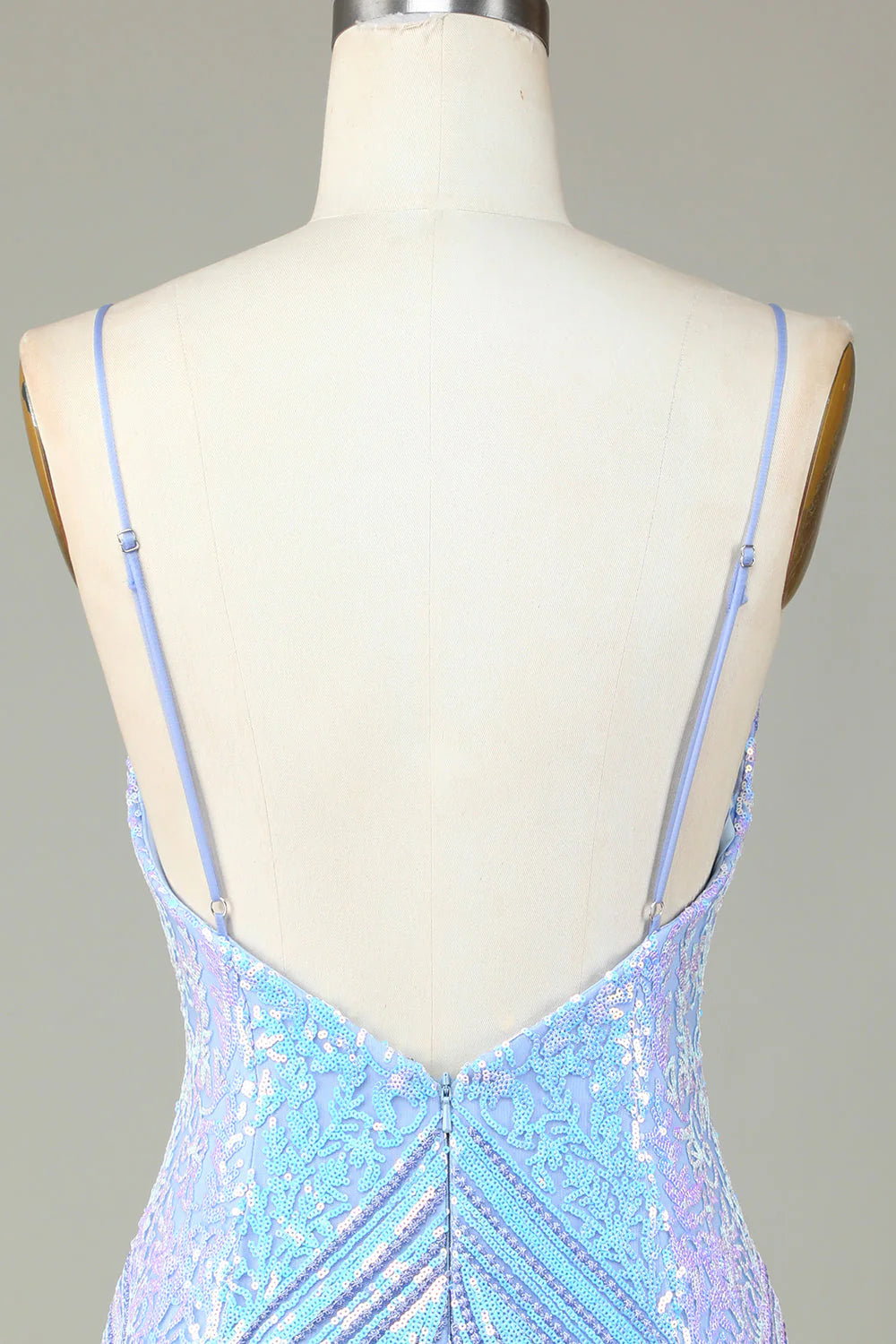Amzcw Sparkly Blue Sheath Spaghetti Straps Backless Sequins Short Homecoming Dress