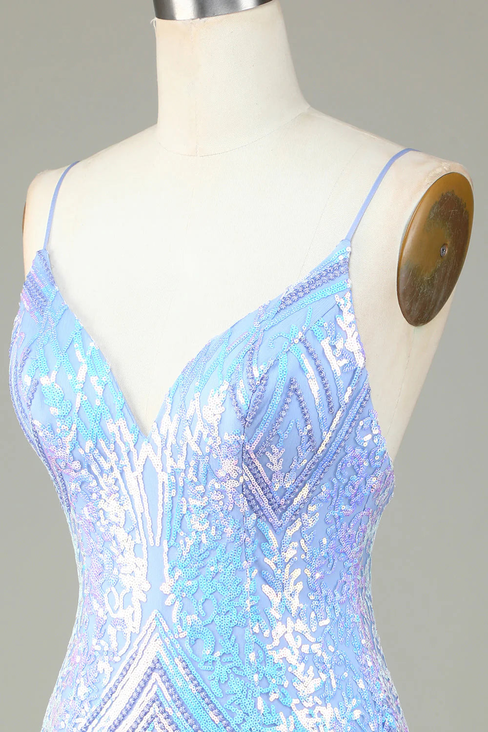 Amzcw Sparkly Blue Sheath Spaghetti Straps Backless Sequins Short Homecoming Dress