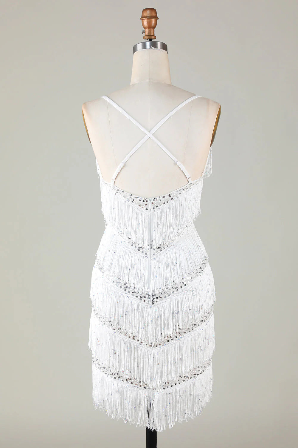 Amzcw White Bodycon Spaghetti Straps Cross Back Tassel Homecoming Dress with Sequins