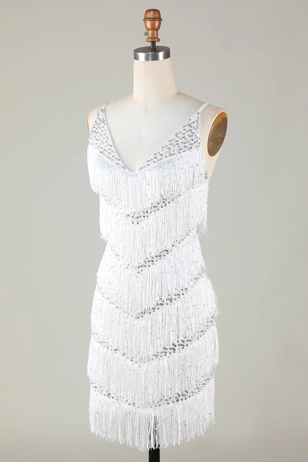 Amzcw White Bodycon Spaghetti Straps Cross Back Tassel Homecoming Dress with Sequins