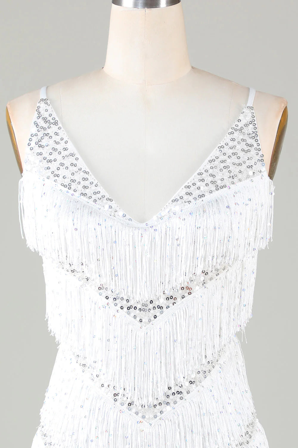 Amzcw White Bodycon Spaghetti Straps Cross Back Tassel Homecoming Dress with Sequins