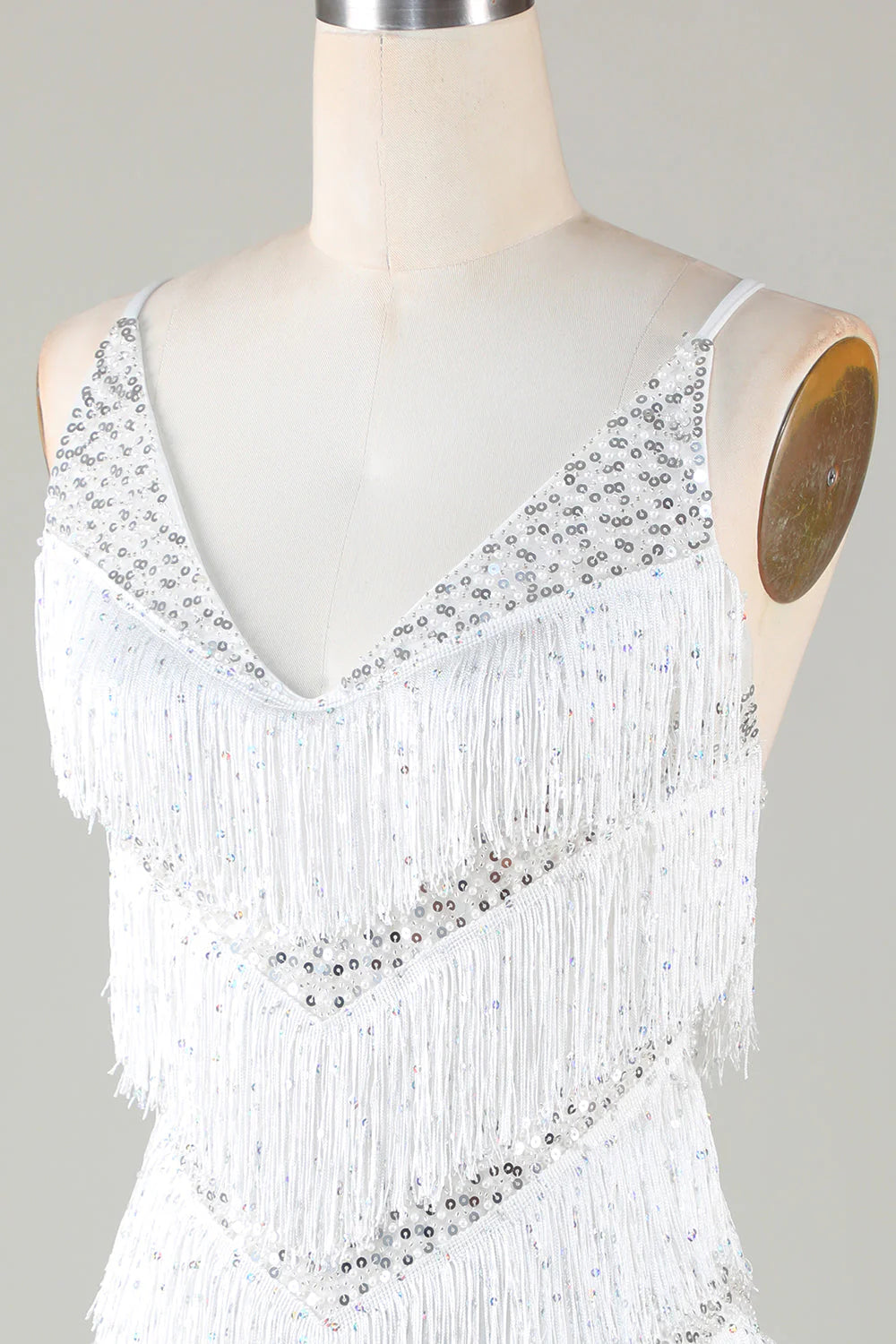Amzcw White Bodycon Spaghetti Straps Cross Back Tassel Homecoming Dress with Sequins