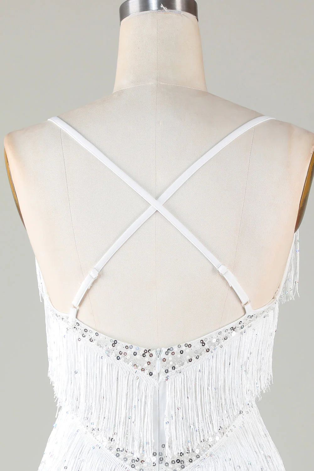 Amzcw White Bodycon Spaghetti Straps Cross Back Tassel Homecoming Dress with Sequins