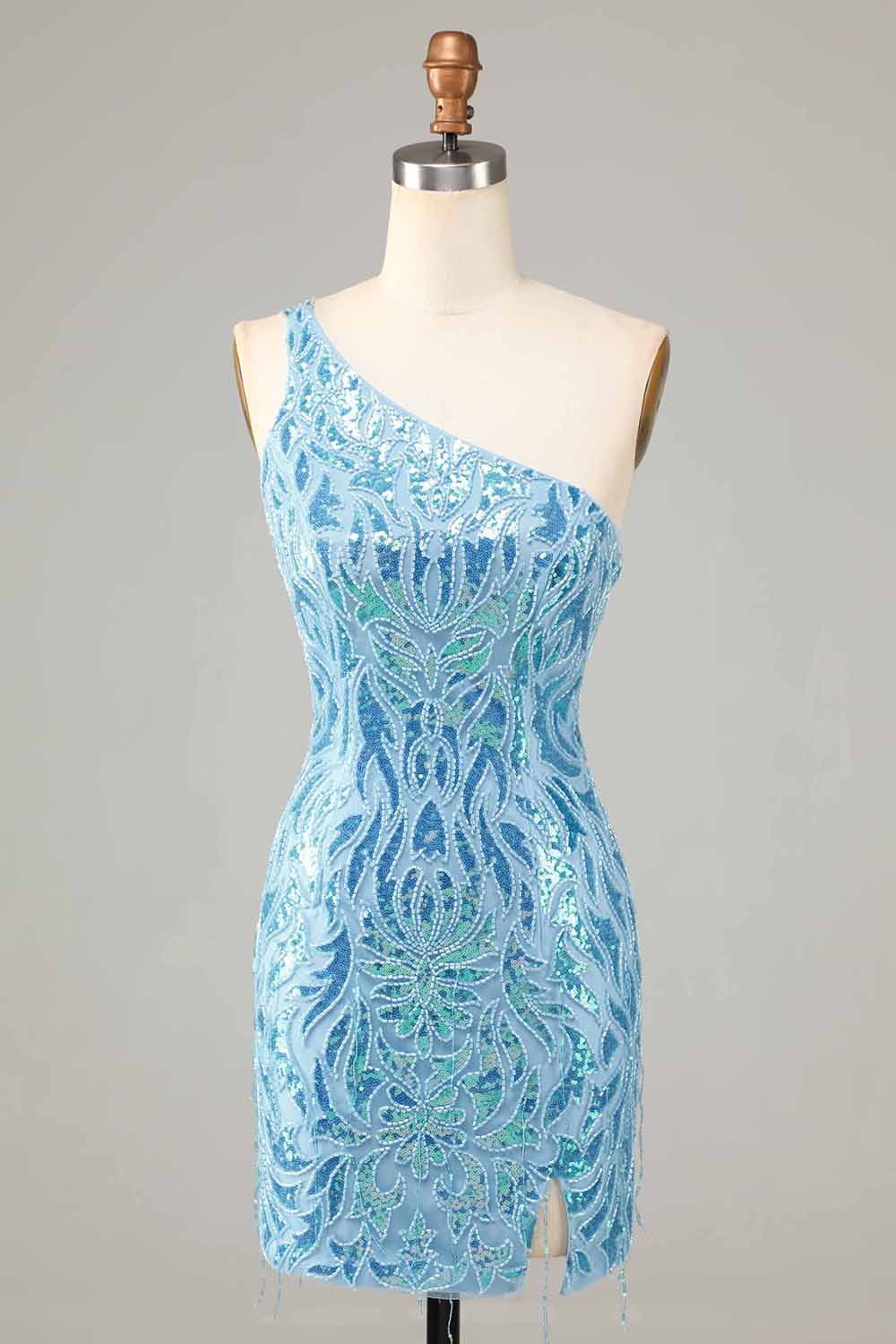 Amzcw Blue Sheath One Shoulder Sequins Short Homecoming Dress