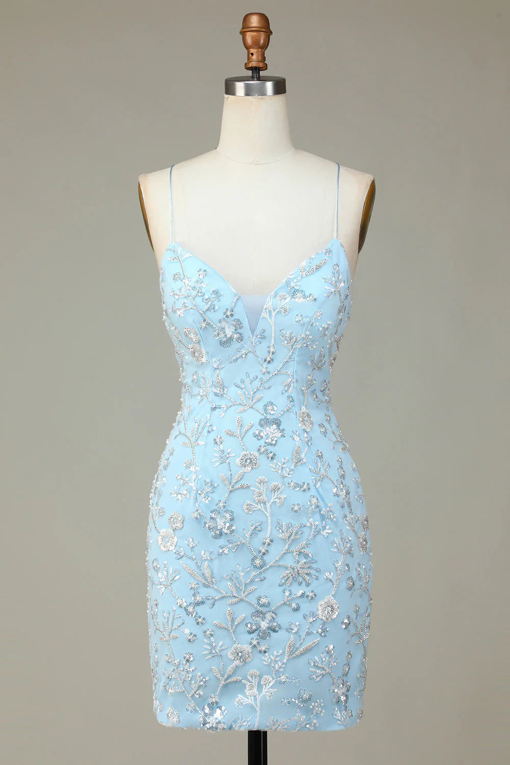 Amzcw Sparkly Blue Sheath Sequins Beaded Flowers Tight Short Homecoming Dress