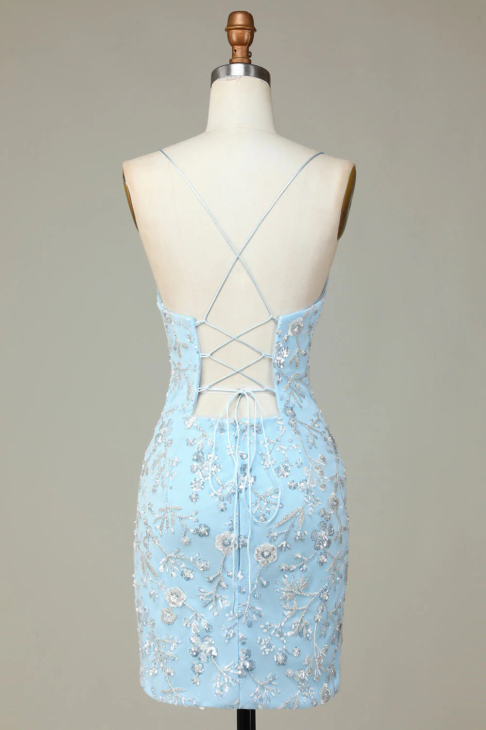 Amzcw Sparkly Blue Sheath Sequins Beaded Flowers Tight Short Homecoming Dress