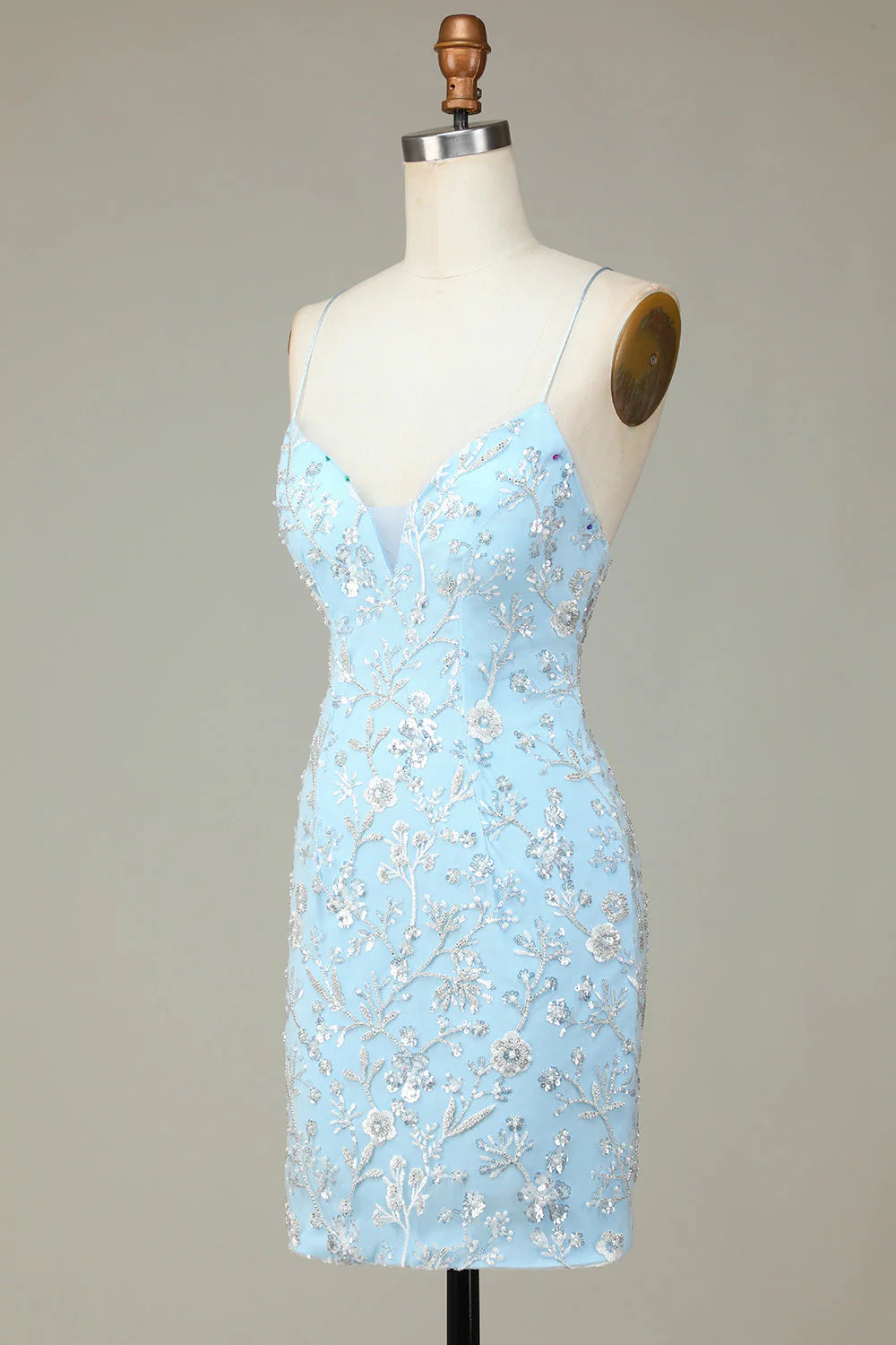 Amzcw Sparkly Blue Sheath Sequins Beaded Flowers Tight Short Homecoming Dress