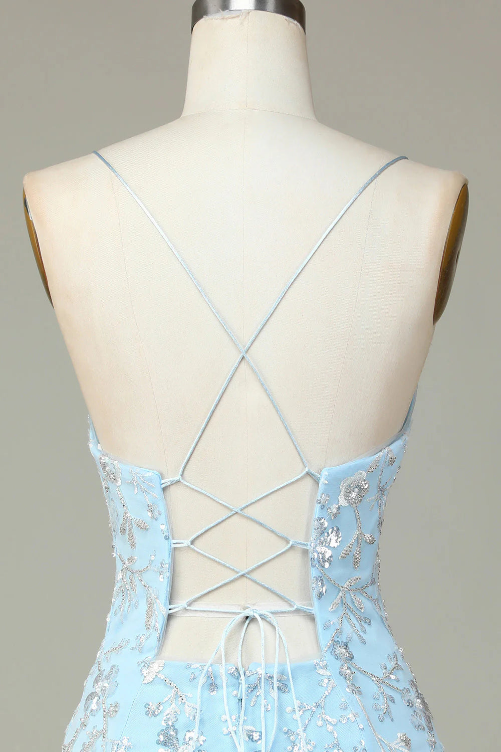 Amzcw Sparkly Blue Sheath Sequins Beaded Flowers Tight Short Homecoming Dress